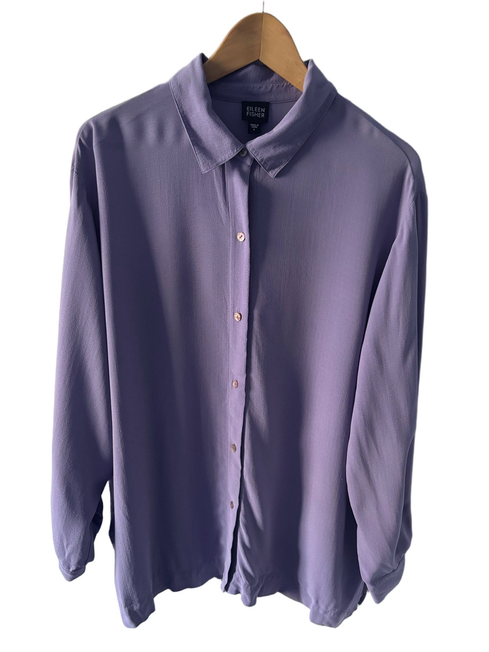 Eileen Fisher Silk Button Down Blouse Purple Women's Size L Minimalist Preppy